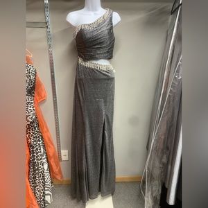 One shoulder dress, leg slit, and side slit